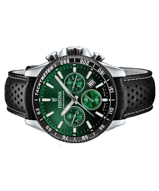 Festina Timeless Chronograph Lederarmband grünes Zifferblatt Quarz F20561-5 100M Herrenuhr