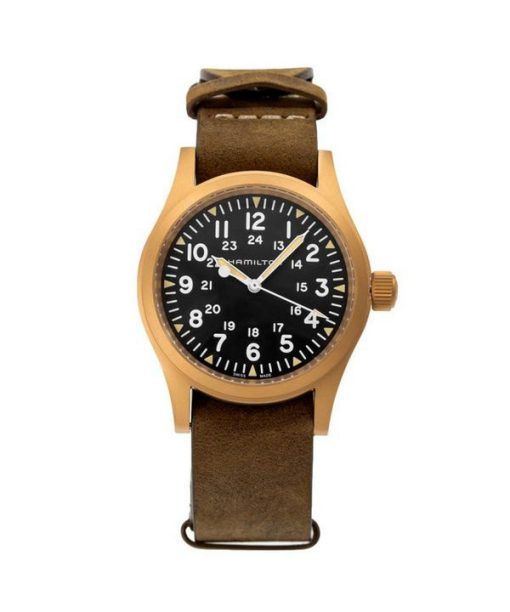 Hamilton Khaki Field mechanische Bronze-Lederarmband mit schwarzem Zifferblatt H69459530 Herrenuhr