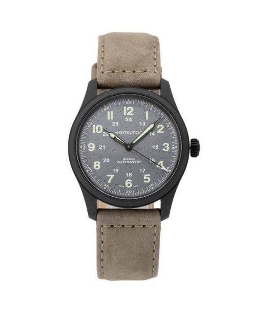 Hamilton Khaki Field Herrenuhr mit Titan-Lederarmband und grauem Zifferblatt, automatisch, H70215880, 100 m