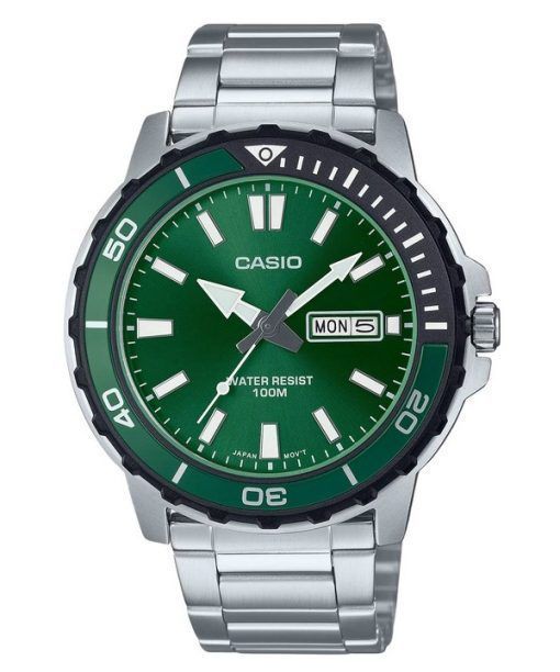 Casio Standard Analog Edelstahl grünes Zifferblatt Quarz MTD-125D-3AV 100M Herrenuhr