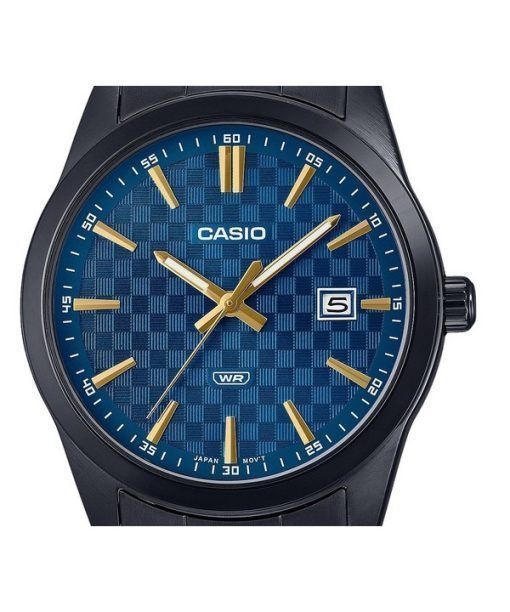 Casio Standard Herrenuhr, analog, schwarz ionenplattiert, Edelstahl, blaues Zifferblatt, Quarz, MTP-VD03B-2A