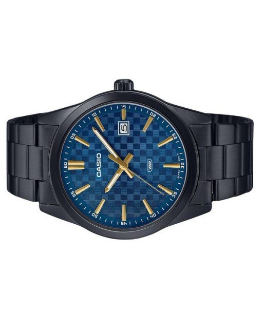 Casio Standard Herrenuhr, analog, schwarz ionenplattiert, Edelstahl, blaues Zifferblatt, Quarz, MTP-VD03B-2A