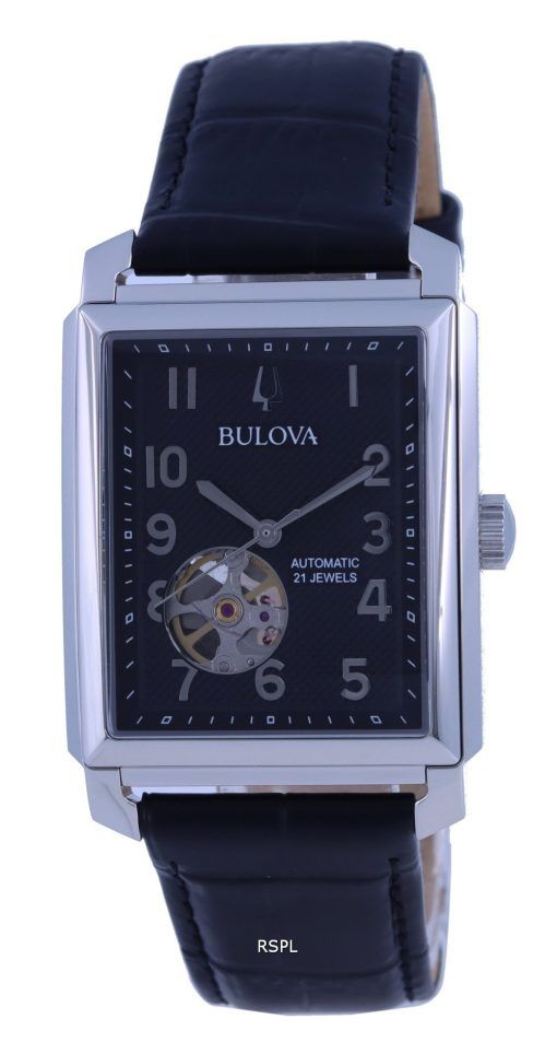 Bulova Sutton Open Heart Schwarzes Zifferblatt Lederarmband Automatik 96A269 Herrenuhr