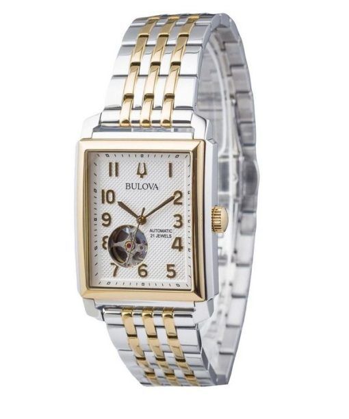 Bulova Sutton Zweifarbige Edelstahl Open Heart Silbernes Zifferblatt Automatik 98A308 Herrenuhr