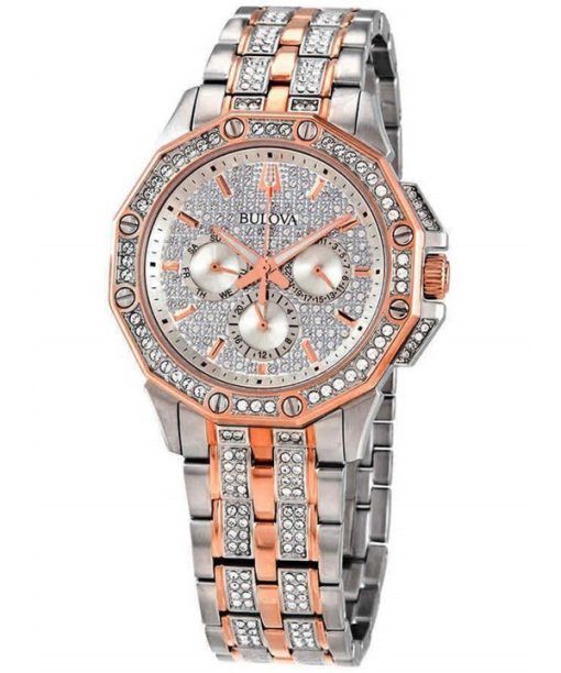 Bulova Octava Crystal Accents zweifarbiges silbernes Multifunktions-Zifferblatt Quarz 98C133 Herrenuhr