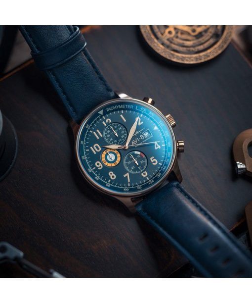 AVI-8 Hawker Hurricane Classic Chronograph Regent blaues Lederarmband blaues Zifferblatt Quarz AV-4011-0Q Herrenuhr