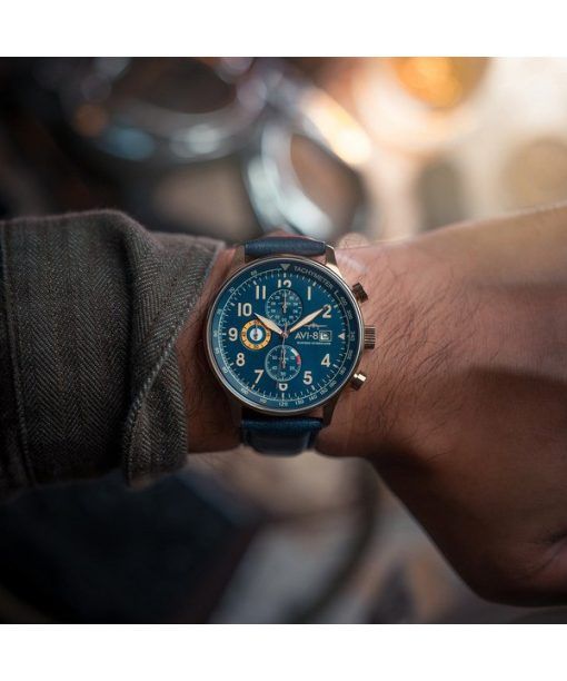 AVI-8 Hawker Hurricane Classic Chronograph Regent blaues Lederarmband blaues Zifferblatt Quarz AV-4011-0Q Herrenuhr