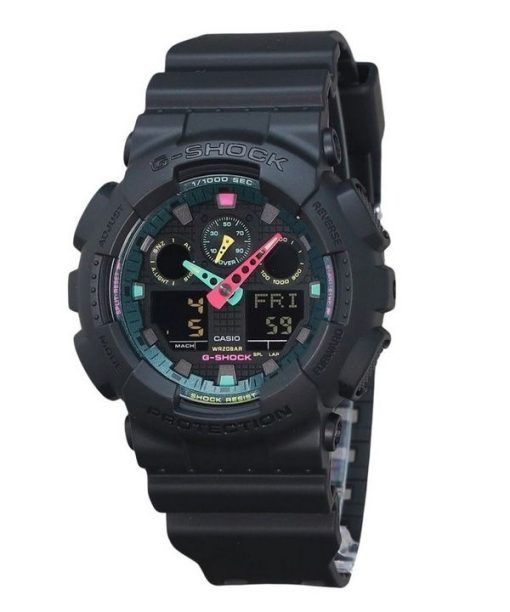 Casio G-Shock Analog Digital Multi Fluorescent Accents Series Harzarmband Schwarzes Zifferblatt Quarz GA-100MF-1A 200M Herrenuhr