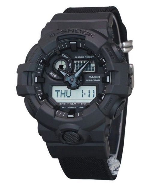 Casio G-Shock Analog Digital Eco Stoffarmband schwarzes Zifferblatt Quarz GA-700BCE-1A 200M Herrenuhr