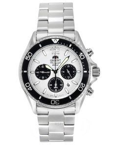 Orient Sports Panda Chronograph Edelstahl weißes Zifferblatt Solar Taucheruhr RA-TX0203S10B 200M Herrenuhr