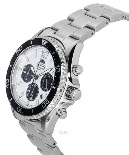 Orient Sports Panda Chronograph Edelstahl weißes Zifferblatt Solar Taucheruhr RA-TX0203S10B 200M Herrenuhr