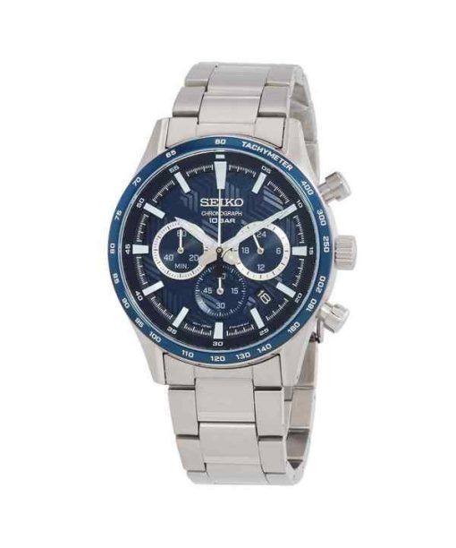 Seiko Sports Chronograph Edelstahl blaues Zifferblatt Quarz SSB445P1 100M Herrenuhr