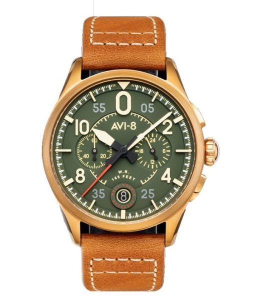 AVI-8 Spitfire Lock Chronograph Lederarmband Bronze Grünes Zifferblatt Quarz AV-4089-02 Herrenuhr