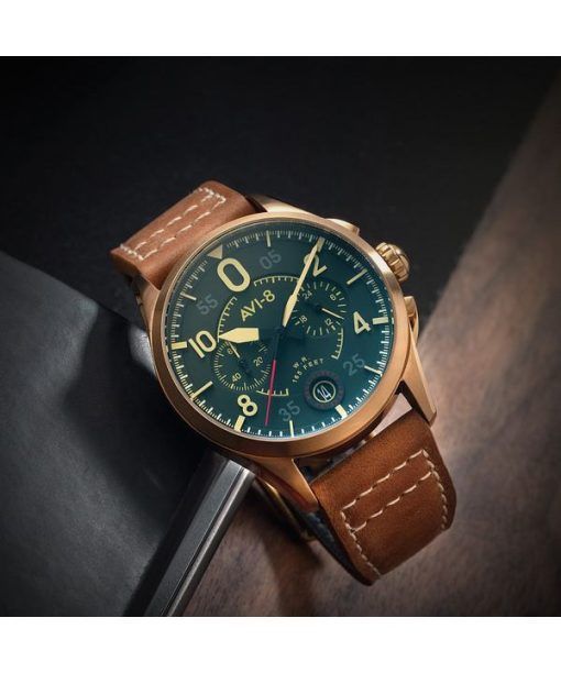 AVI-8 Spitfire Lock Chronograph Lederarmband Bronze Grünes Zifferblatt Quarz AV-4089-02 Herrenuhr