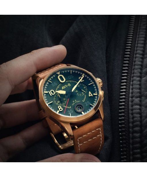 AVI-8 Spitfire Lock Chronograph Lederarmband Bronze Grünes Zifferblatt Quarz AV-4089-02 Herrenuhr