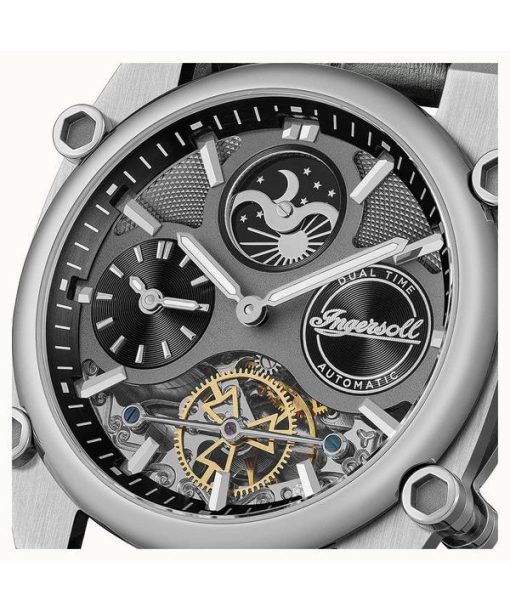 Ingersoll The Varsity Sonnen- und Mondphase Lederarmband Skelett graues Zifferblatt Automatik I15402 Herrenuhr