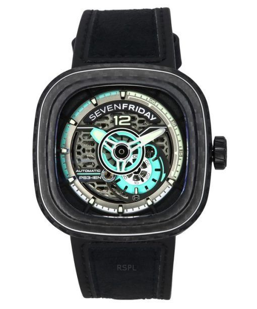 Sevenfriday P-Serie Jade Carbon Grau und Blau Skelett Zifferblatt Automatik PS3/01 SF-PS3-01 100M Herrenuhr