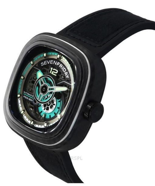 Sevenfriday P-Serie Jade Carbon Grau und Blau Skelett Zifferblatt Automatik PS3/01 SF-PS3-01 100M Herrenuhr