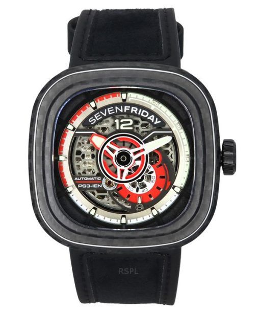 Sevenfriday P-Serie Rubinrotes und karbongraues und rotes Skelett-Zifferblatt Automatik PS3/02 SF-PS3-02 100M Herrenuhr