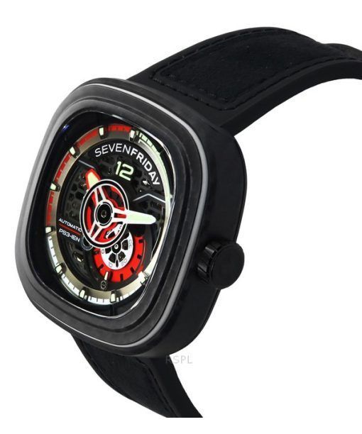 Sevenfriday P-Serie Rubinrotes und karbongraues und rotes Skelett-Zifferblatt Automatik PS3/02 SF-PS3-02 100M Herrenuhr