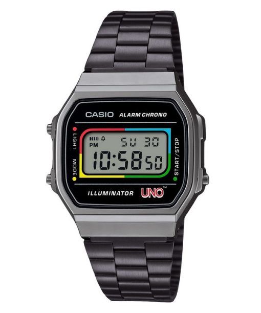 Casio Vintage Digital UNO Collaboration Modell Edelstahlarmband Quarz A168WEUC-1A Unisex Uhr