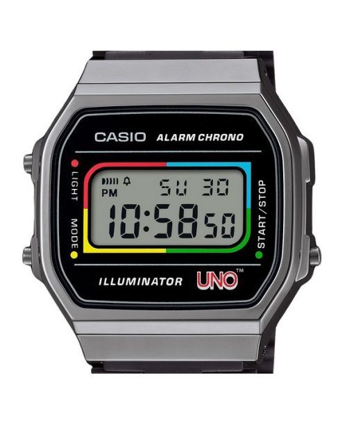 Casio Vintage Digital UNO Collaboration Modell Edelstahlarmband Quarz A168WEUC-1A Unisex Uhr