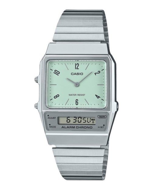 Casio Vintage Analog Digital Dual Time Edelstahlarmband Grünes Zifferblatt Quarz AQ-800E-3A Unisex Uhr