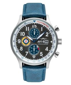AVI-8 Hawker Hurricane Classic Chronograph Wimpel blaues Lederarmband graues Zifferblatt AV-4011-0F Herrenuhr