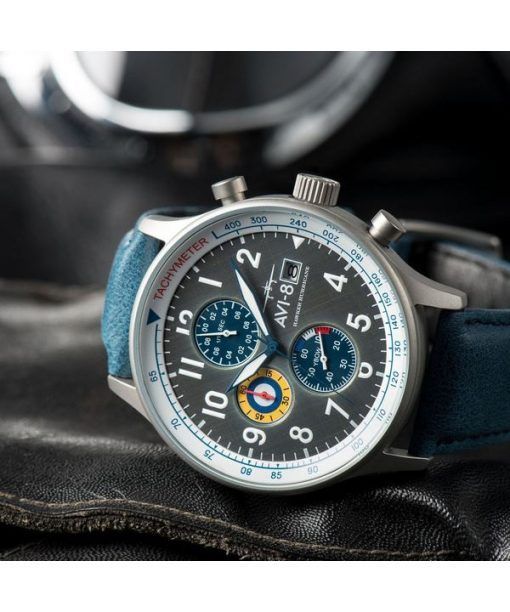 AVI-8 Hawker Hurricane Classic Chronograph Wimpel blaues Lederarmband graues Zifferblatt AV-4011-0F Herrenuhr