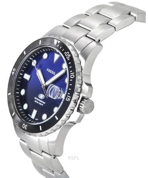 Fossil Blue Dive Edelstahl schwarzes und blaues Zifferblatt Quarz FS6038 100M Herrenuhr