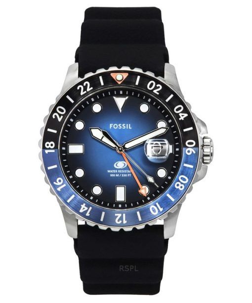 Fossil Blue GMT Silikonarmband Schwarz-Blaues Sunray-Zifferblatt Quarz FS6049 100M Herrenuhr