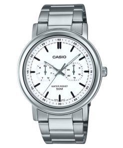 Casio Standard Analog Edelstahl weißes Zifferblatt Quarz MTP-E335D-7EV Herrenuhr