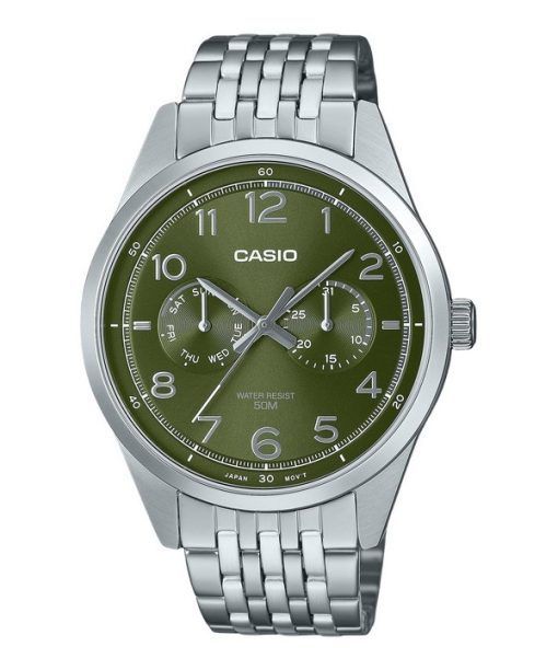 Casio Standard Analog Edelstahl grünes Zifferblatt Quarz MTP-E340D-3AV Herrenuhr