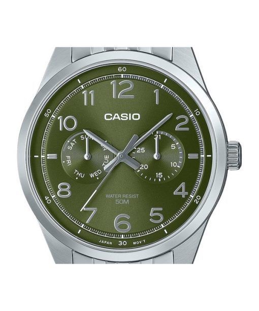 Casio Standard Analog Edelstahl grünes Zifferblatt Quarz MTP-E340D-3AV Herrenuhr