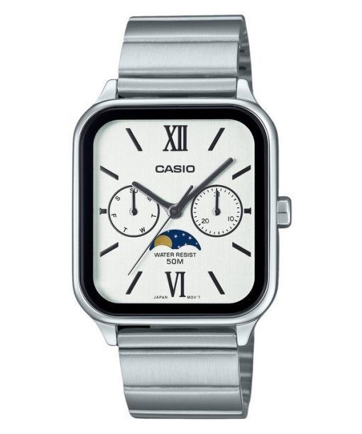 Casio Standard Analog Mondphase Edelstahl weißes Zifferblatt Quarz MTP-M305D-7A2V Herrenuhr