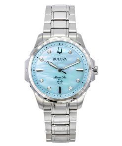 Bulova Marine Star Diamond Accents Edelstahl Blaues Perlmutt-Zifferblatt Quarz 96P248 100 Damenuhr