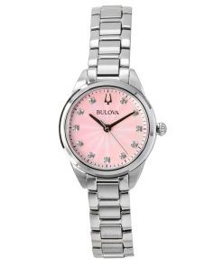 Bulova Sutton Edelstahl Diamant Akzente rosa Zifferblatt Quarz 96P249 Damenuhr