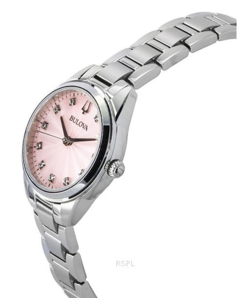 Bulova Sutton Edelstahl Diamant Akzente rosa Zifferblatt Quarz 96P249 Damenuhr