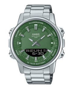 Casio Analog-Digital-Edelstahl-Quarzuhr mit grünem Zifferblatt AMW-880D-3AV für Herren