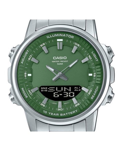 Casio Analog-Digital-Edelstahl-Quarzuhr mit grünem Zifferblatt AMW-880D-3AV für Herren