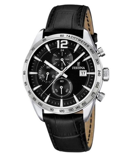 Festina Timeless Chronograph Lederarmband schwarzes Zifferblatt Quarz F16760-4 Herrenuhr