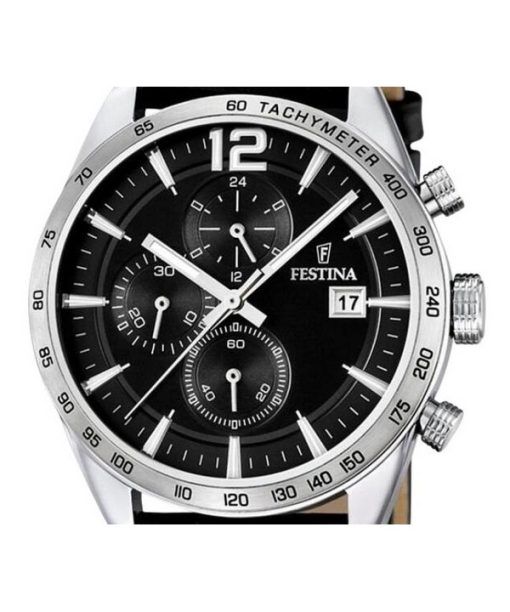 Festina Timeless Chronograph Lederarmband schwarzes Zifferblatt Quarz F16760-4 Herrenuhr