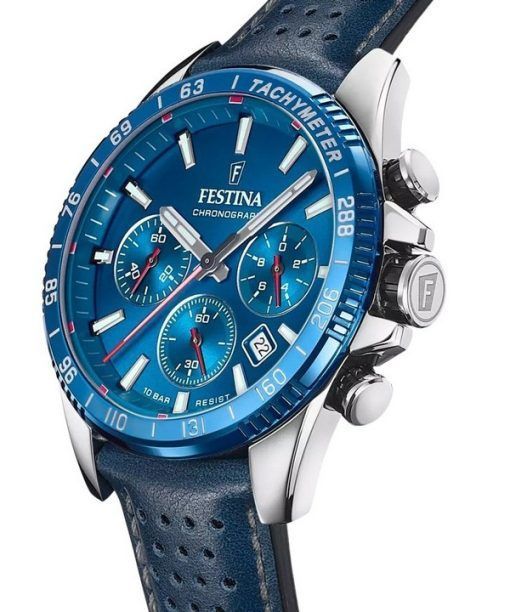 Festina Timeless Chronograph Lederarmband blaues Zifferblatt Quarz F20561-3 100M Herrenuhr