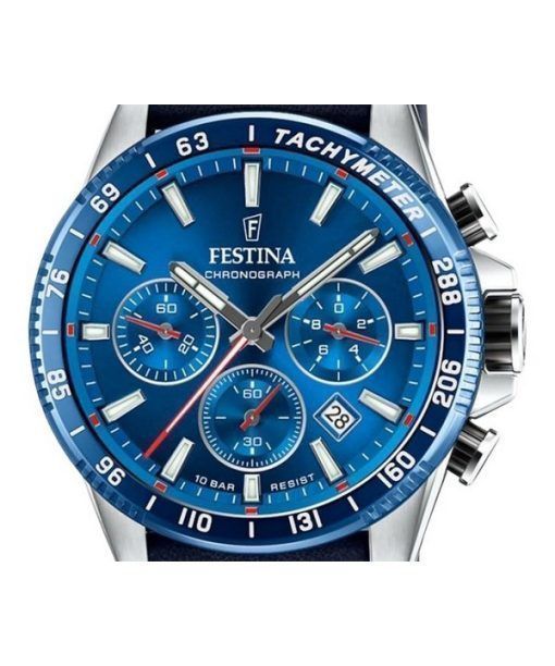 Festina Timeless Chronograph Lederarmband blaues Zifferblatt Quarz F20561-3 100M Herrenuhr