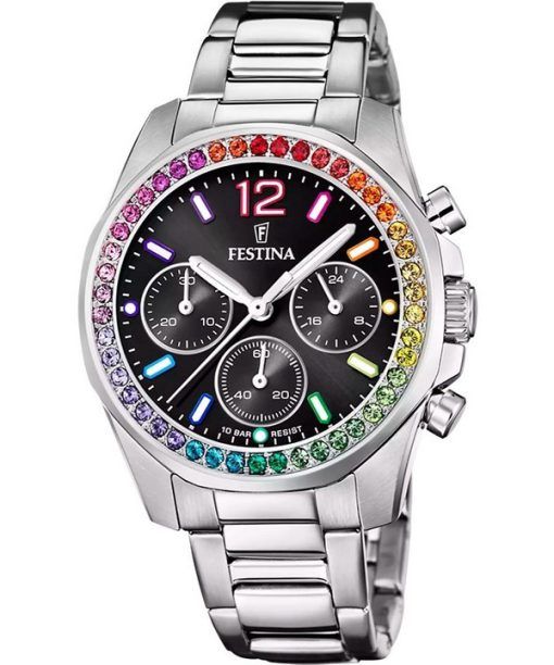 Festina Rainbow Chronograph Kristall Akzente Edelstahl schwarzes Zifferblatt Quarz F20606-3 100M Damenuhr