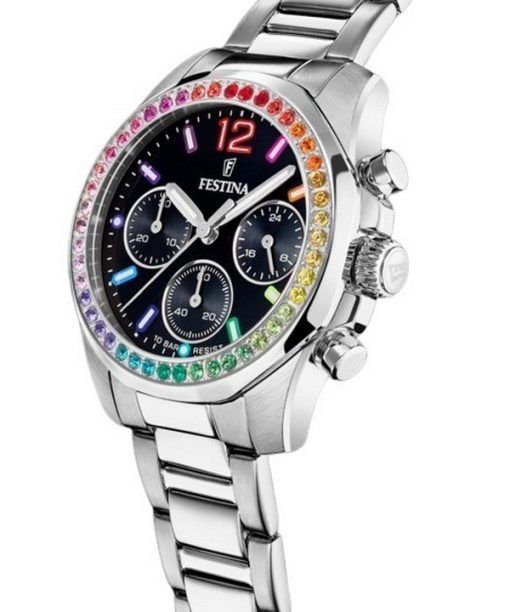 Festina Rainbow Chronograph Kristall Akzente Edelstahl schwarzes Zifferblatt Quarz F20606-3 100M Damenuhr