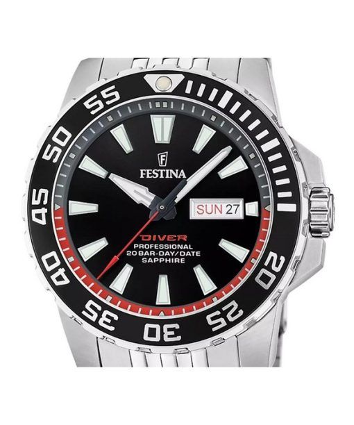 Festina The Originals Edelstahl schwarzes Zifferblatt Quarz Taucheruhr F20661-3 200M Herrenuhr