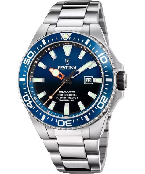 Festina The Originals Edelstahl blaues Zifferblatt Quarz Taucheruhr F20663-1 200M Herrenuhr