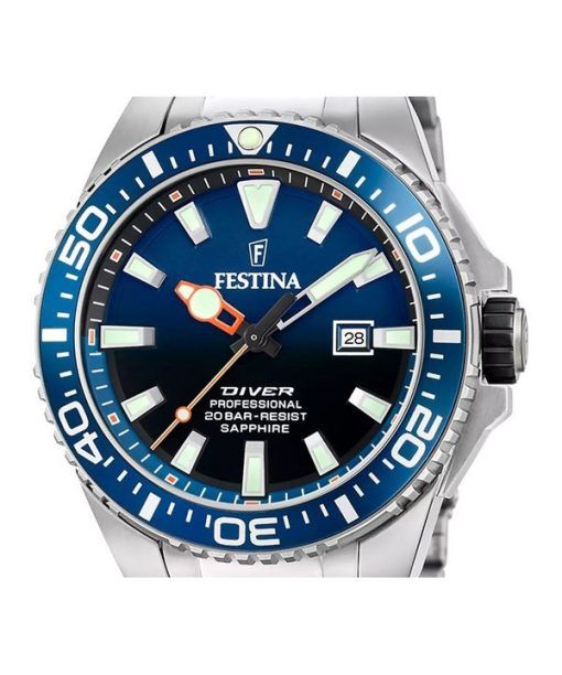 Festina The Originals Edelstahl blaues Zifferblatt Quarz Taucheruhr F20663-1 200M Herrenuhr