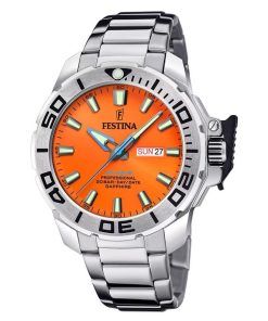 Festina The Originals Edelstahl orangefarbenes Zifferblatt Quarz Taucheruhr F20665-5 200M Herrenuhr